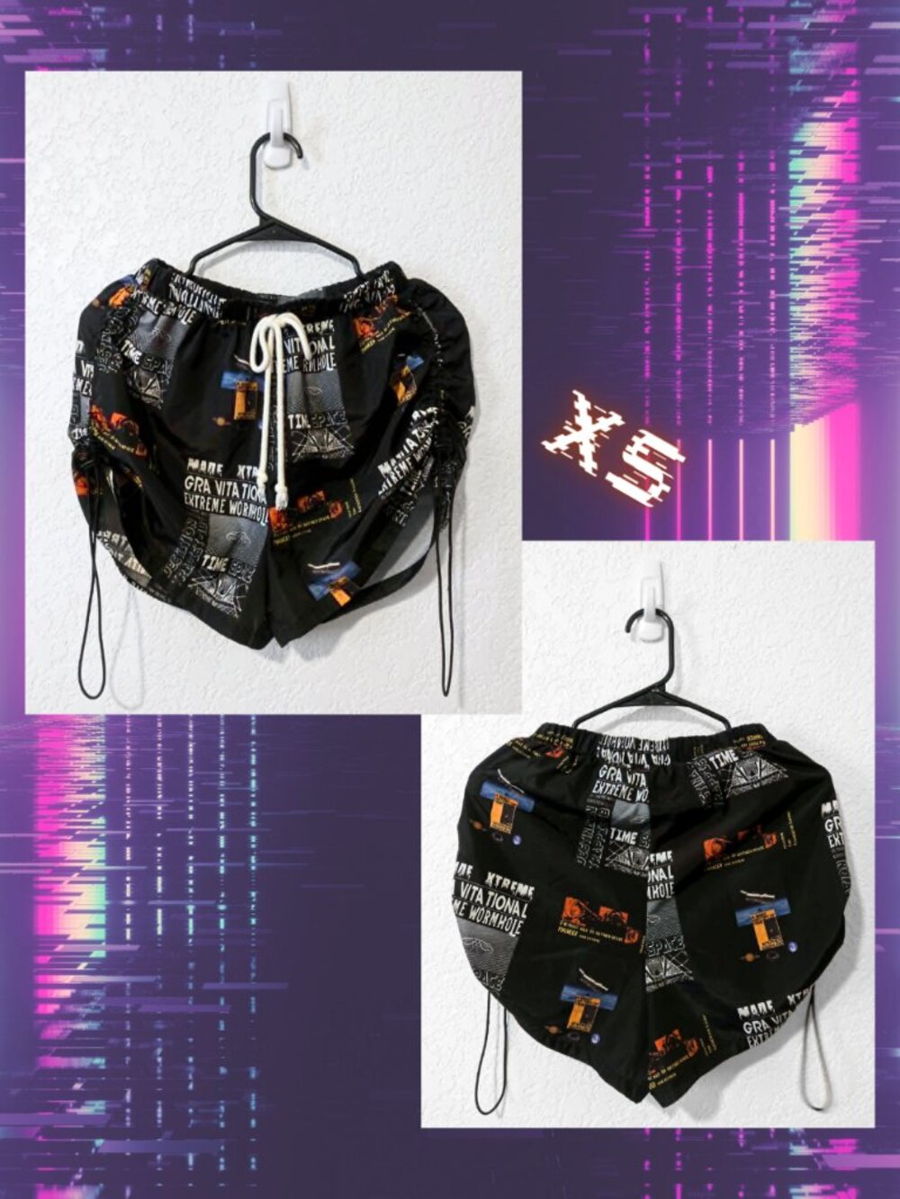 SHEIN Cyber Techwear Graphic Ruched Drawstring Swim Shorts XS Y2K Streetwear